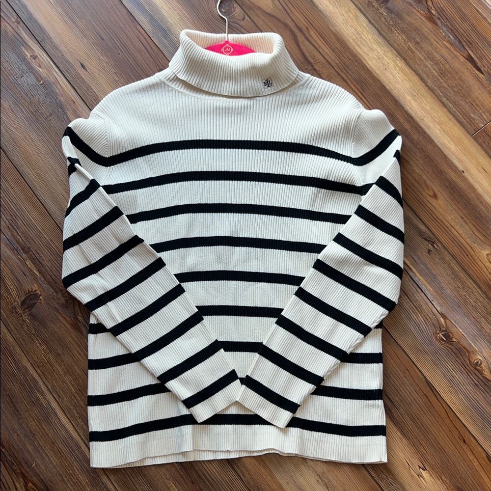 Ralph Lauren Black and Cream Striped Turtleneck Sweater - Picture 6 of 9